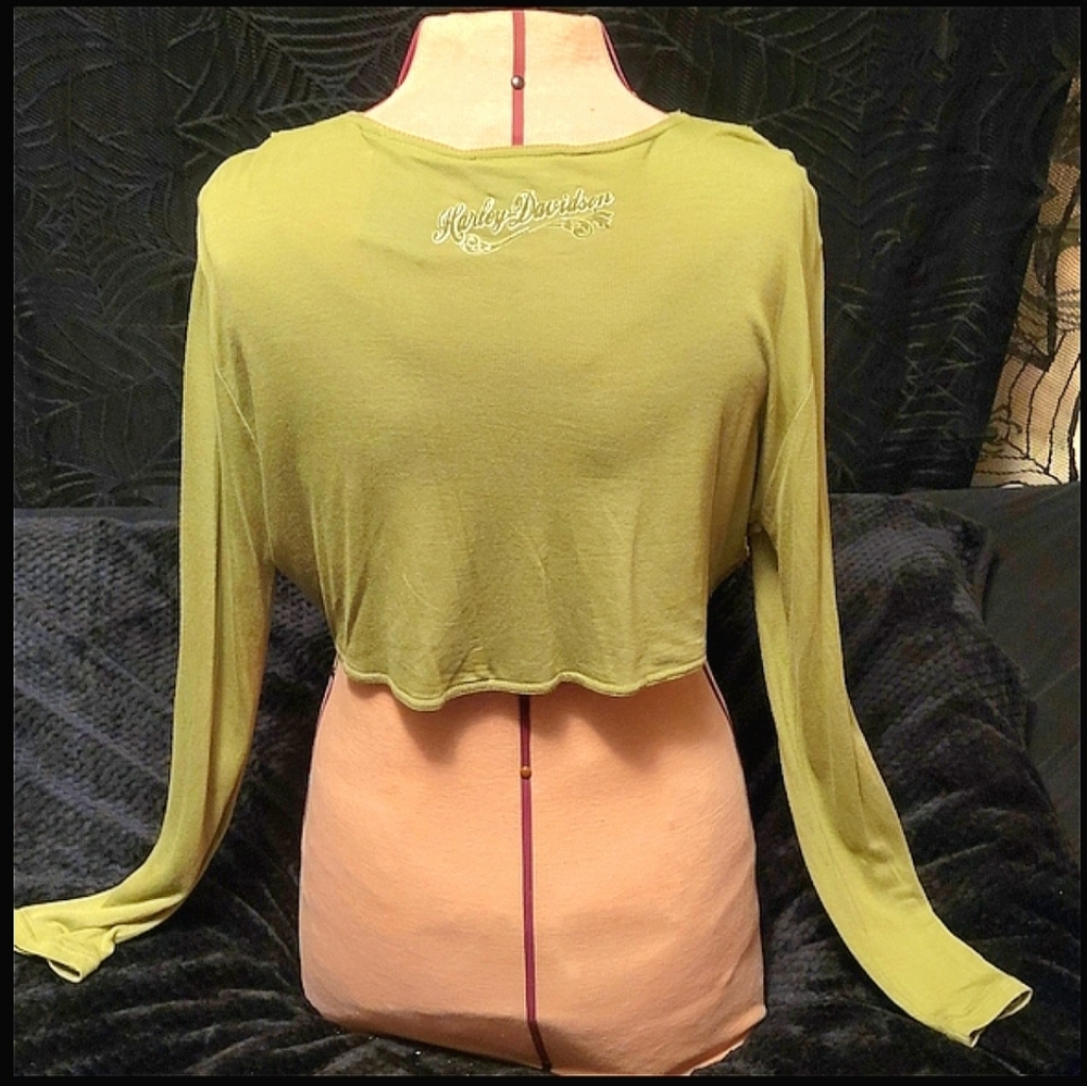 Vtg Y2K Harley Davidson olive green sequins lace long sleeve bolero shrug L NWT - Picture 7 of 16